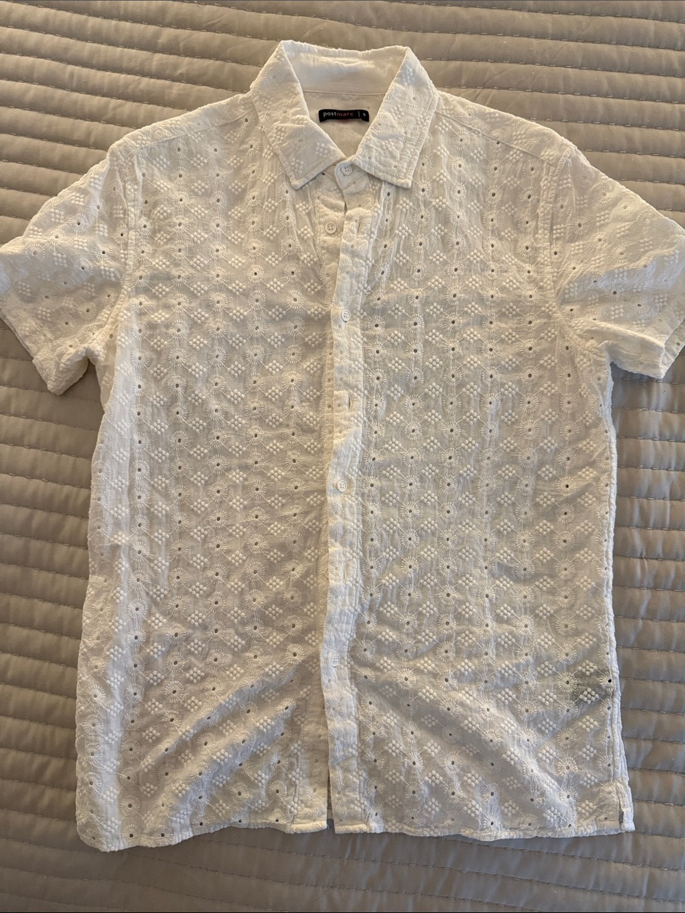 Men's White Eyelet Short-Sleeve Button-Down Shirt